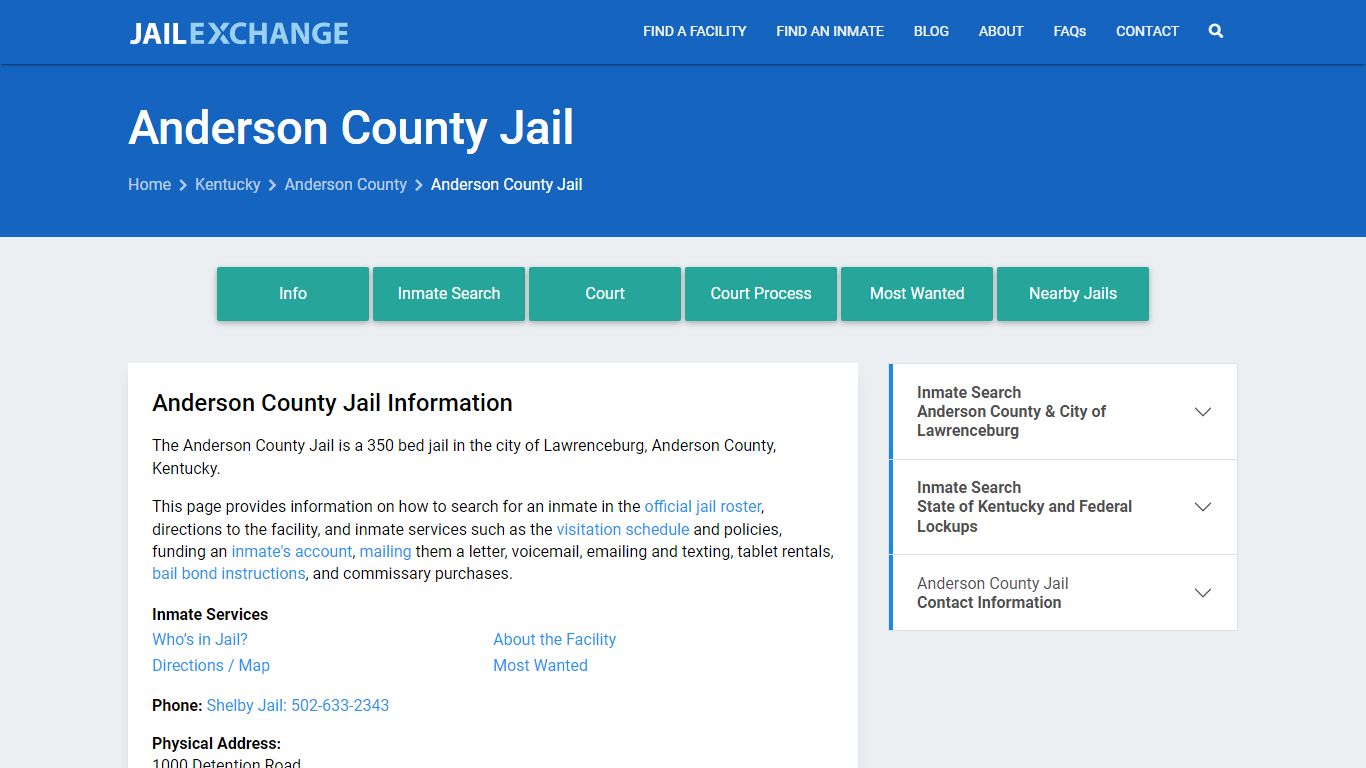 Anderson County Jail, KY Inmate Search, Information